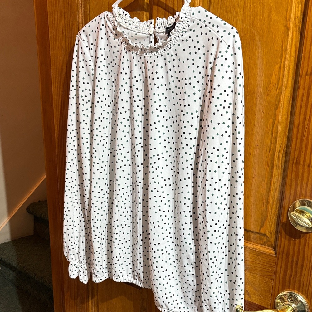 Ann Taylor Factory White Blouse with Black and Green Dots